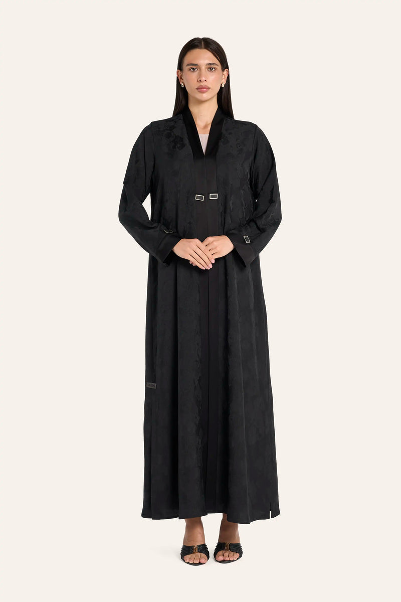 Ousha Satin Enamel Button Abaya - Black - Image 2