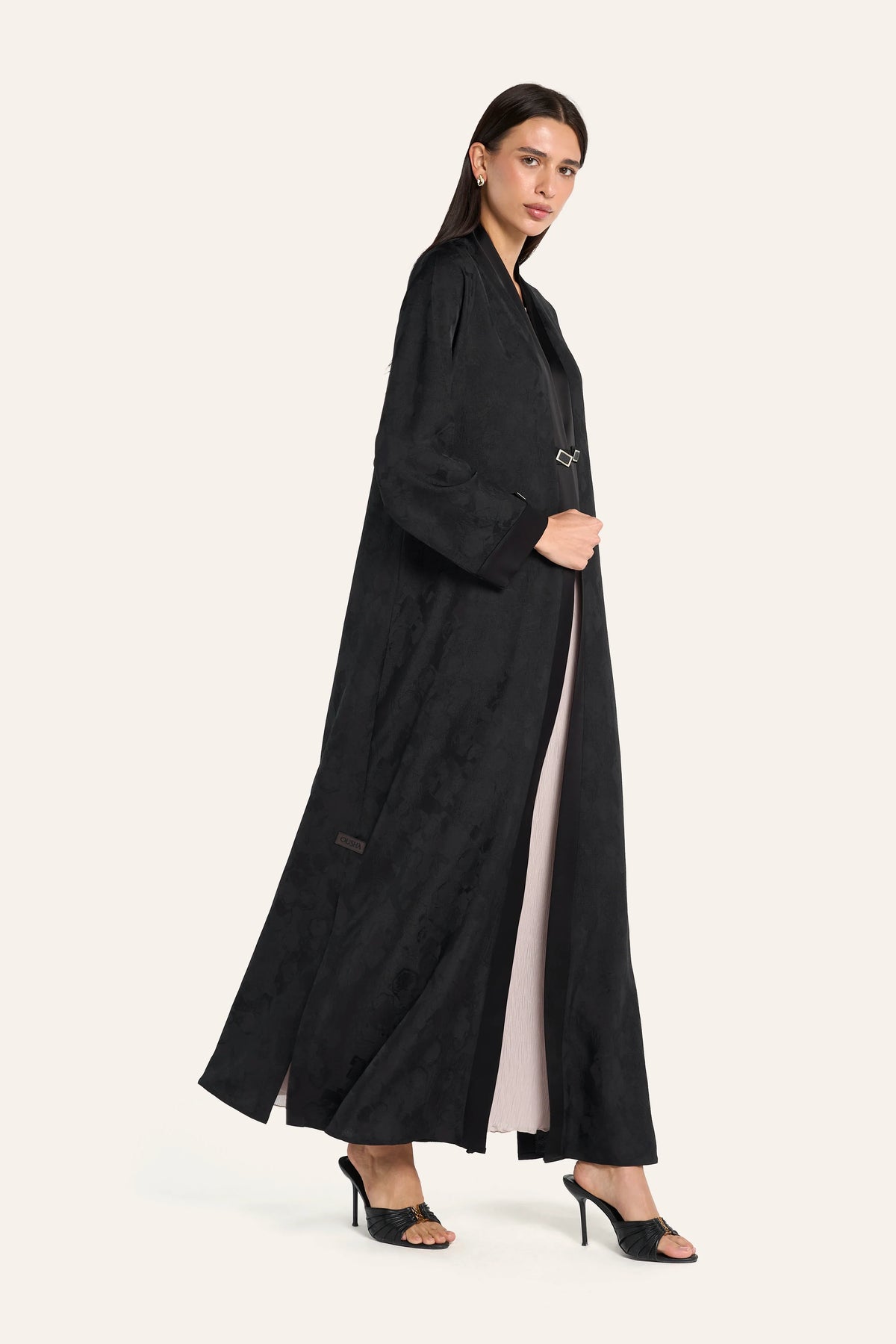 Ousha Satin Enamel Button Abaya - Black - Image 3