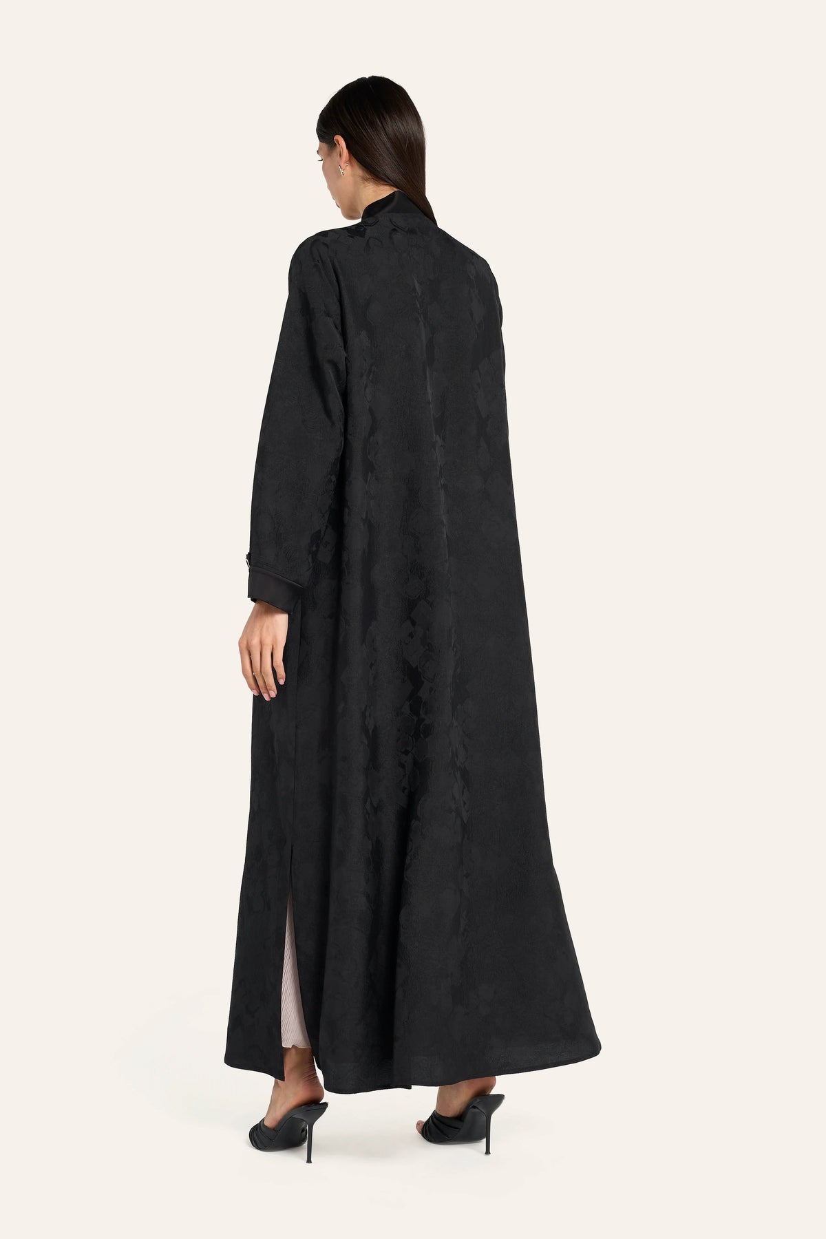 Ousha Satin Enamel Button Abaya - Black - Image 4