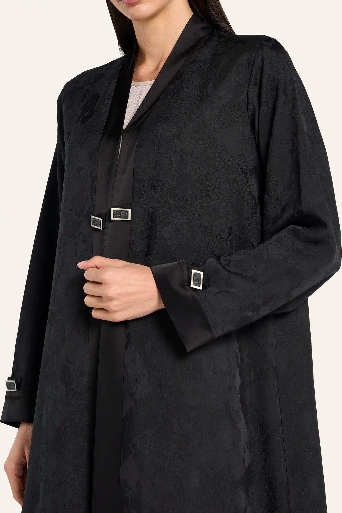 Ousha Satin Enamel Button Abaya - Black - Image 5