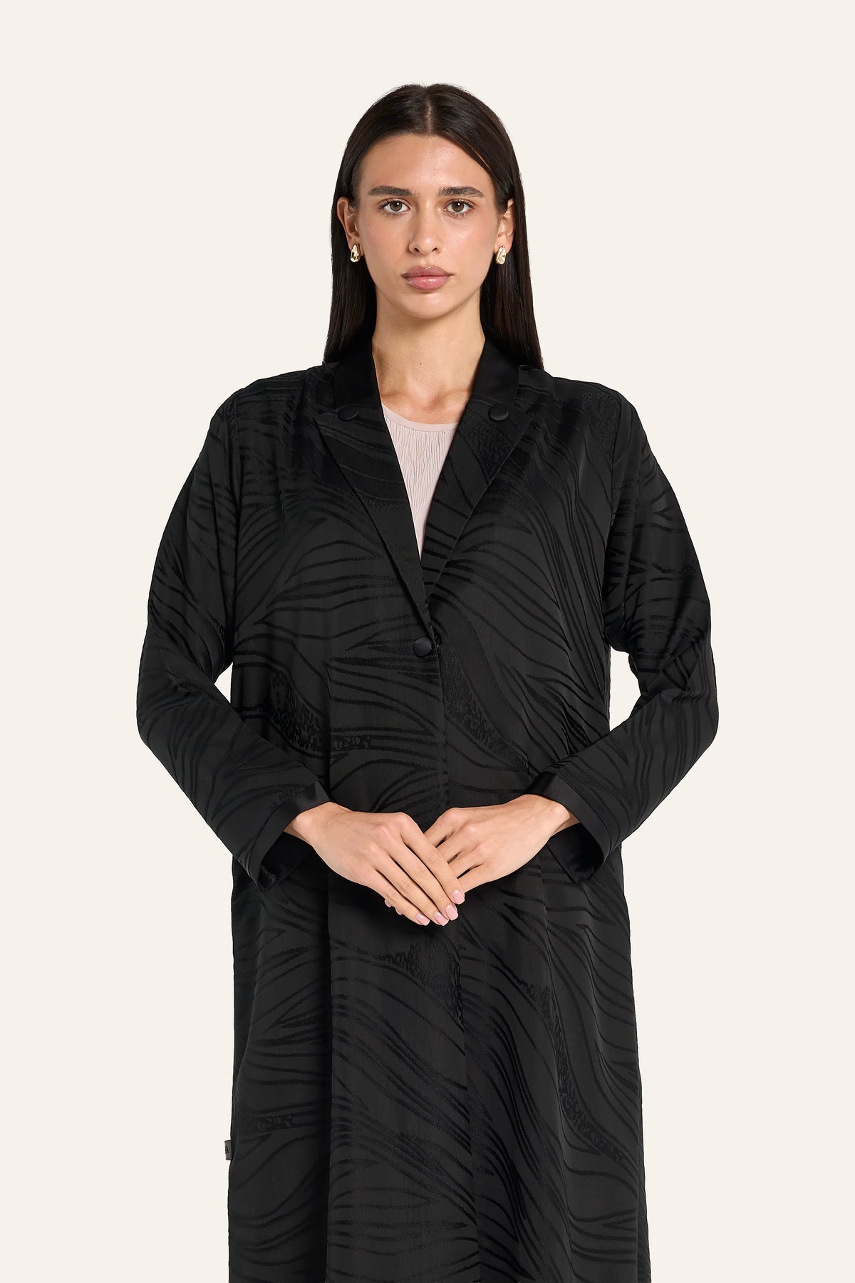 Ousha Notched Collar Jacquard Abaya - Black - Image 1