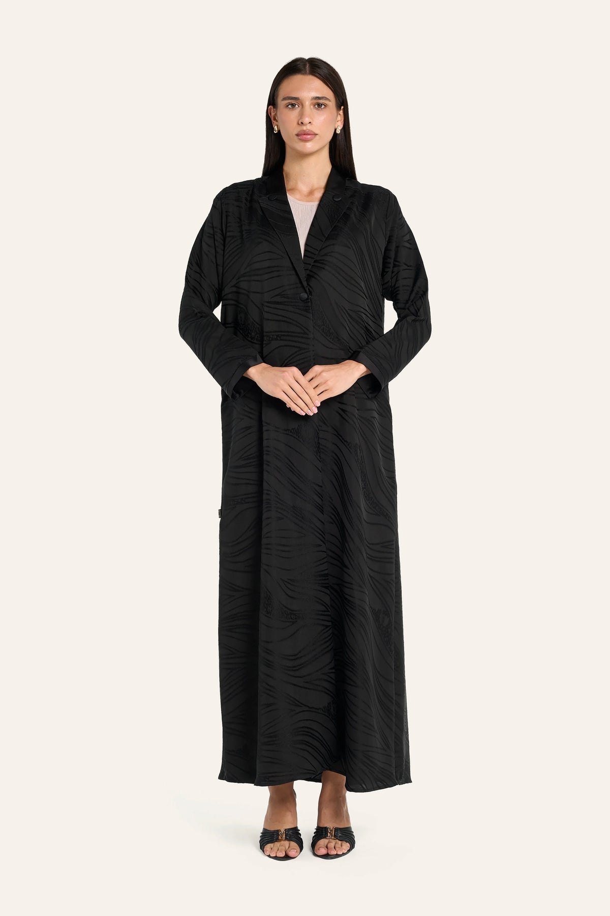 Ousha Notched Collar Jacquard Abaya - Black - Image 2