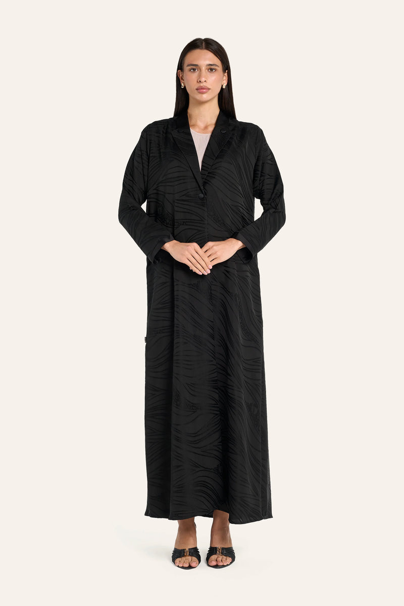 Ousha Notched Collar Jacquard Abaya - Black - Image 2
