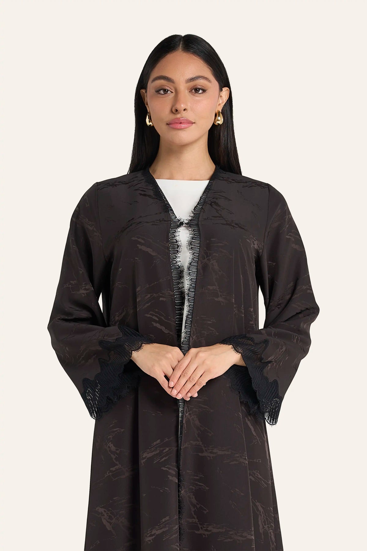 Dark Taupe Jacquard Abaya with Geometric Dantel Lace Details