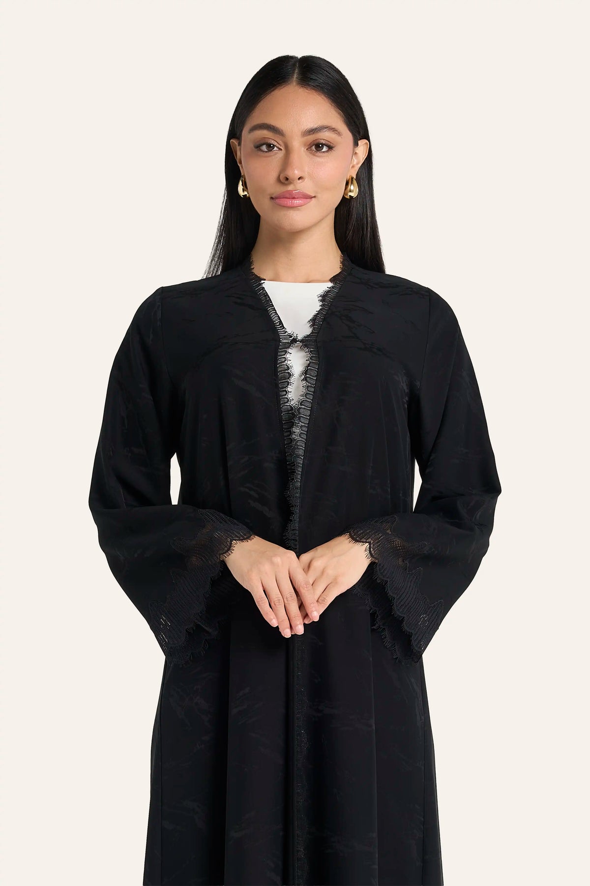 Black Abstract Jacquard Abaya with Geometric Lace Detailing
