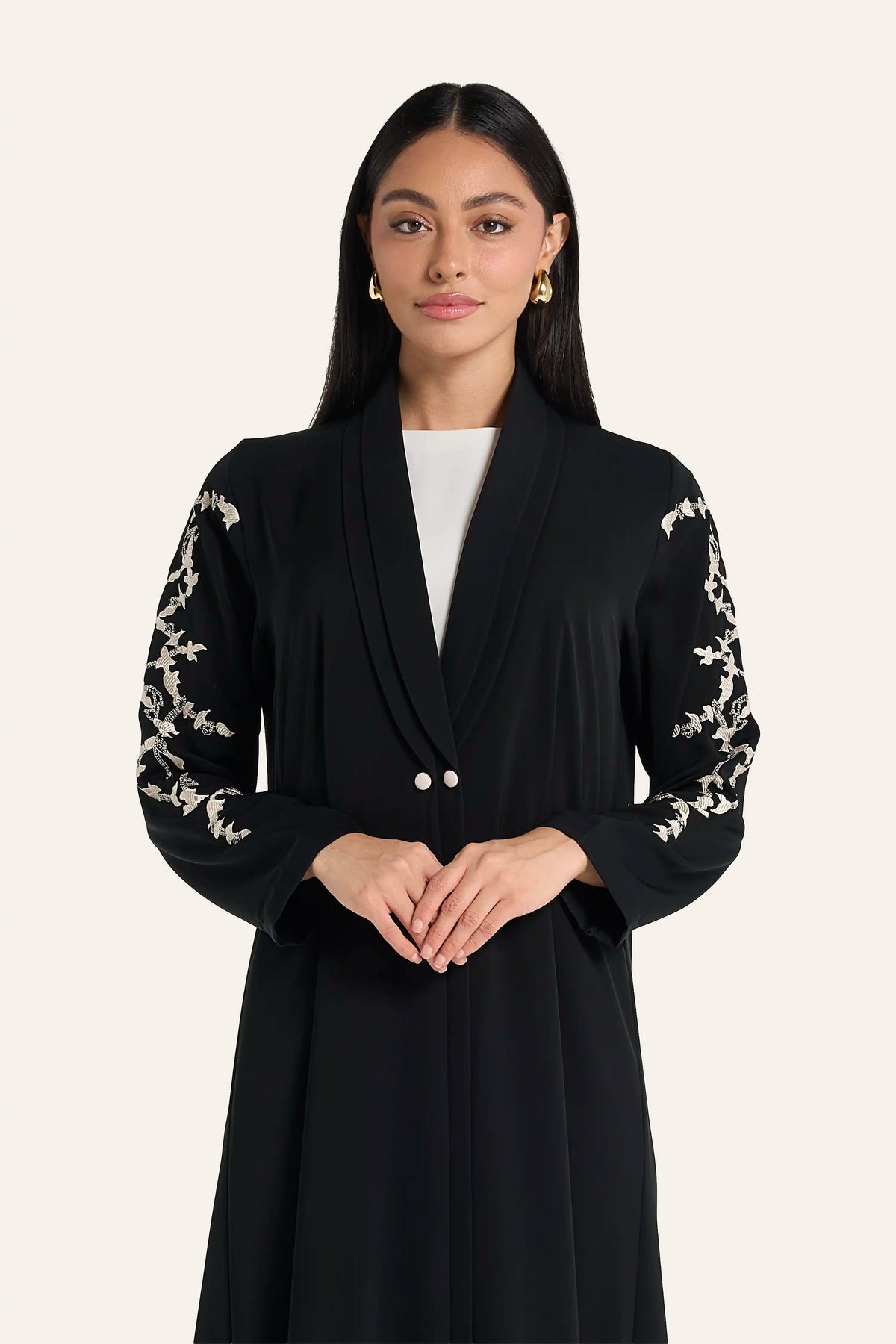 Black Nida Abaya with Shawl Collar, Metal Buttons & Floral Embroidery