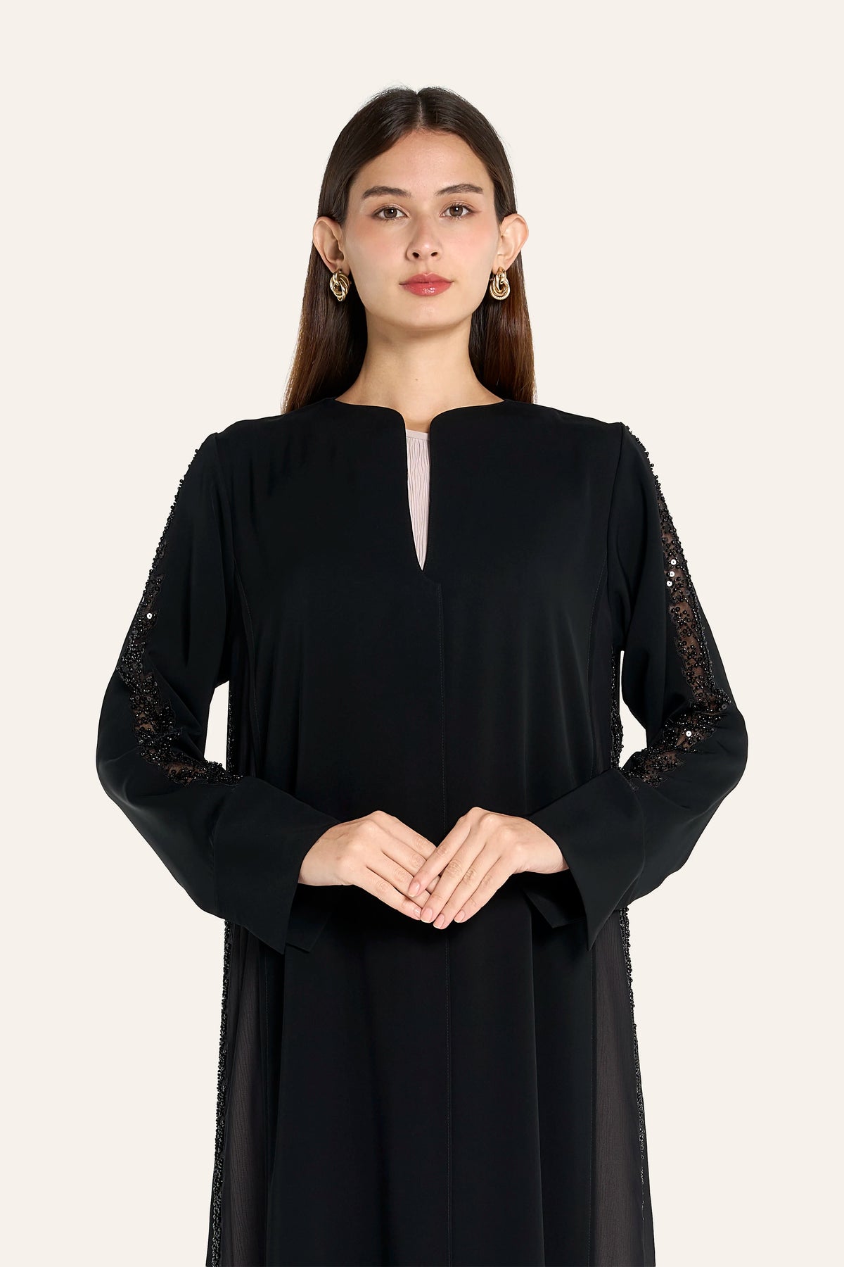Ousha Nida Chiffon Panel Lace Insert Abaya