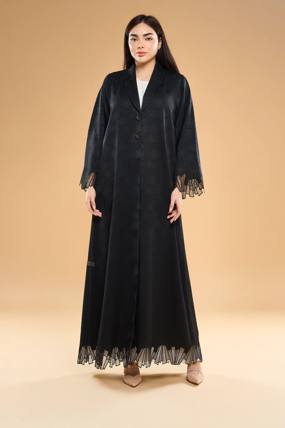 Ousha Textured Lace Detail Jacquard Abaya