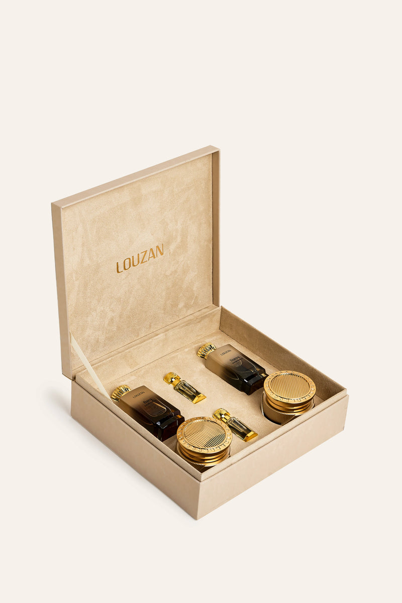 Luz Dahab Collection gift box, open, showing perfume and dokhoon bottles